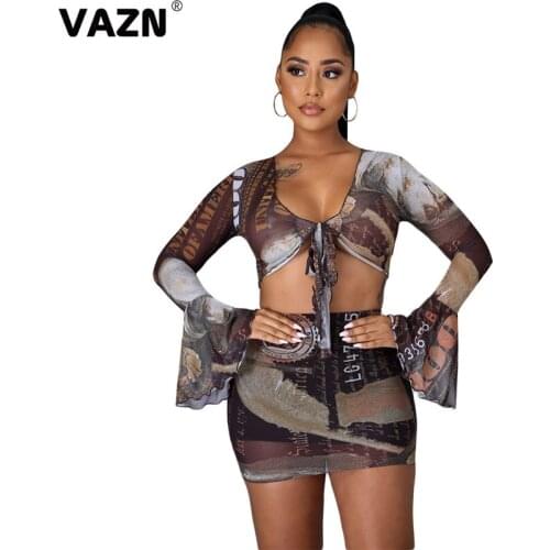 VAZN 2020 New Arrival Little Chap Sexy Club Retro Open Hollow Out Bandage Full Sleeve Top Mini Skirts Skinny Women 2 Piece Set