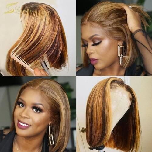 Ombre Brown Blonde Highlght Short Bob Wig Straight Lace Front Wig Blunt Cut HD Transparent 13x6 Lace Frontal Wig Full Human Hair