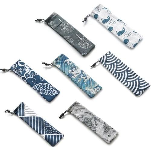 Japanese Style Portable Canvas Drawstring Printed Bags Cutlery Bag Tableware Storage Bag For Travel Random Color