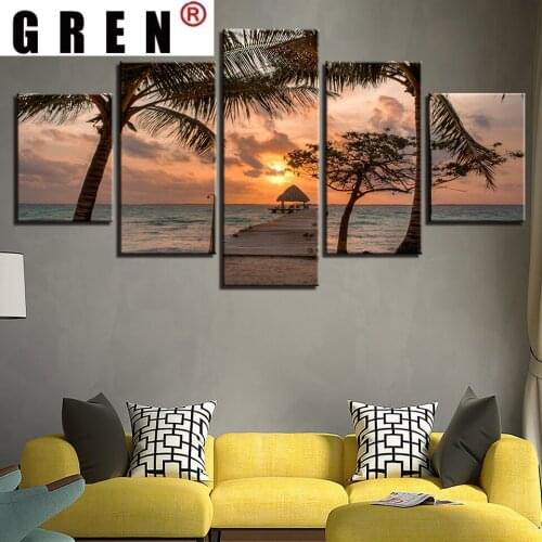 GREN 5 Panels Abstract Sunset Seaside Canvas Paintings Posters Prints Wall Art Pictures Morden Living Room Unframed Home Decor