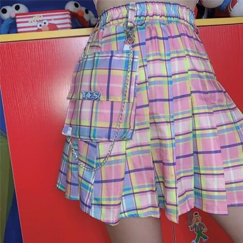 High Waist Casual Rainbow A-Line Skirt Cute Korean Uniform Female Kawaii Women Bottoms Midi Skirt Harajuku Plaid Pleated Skirt