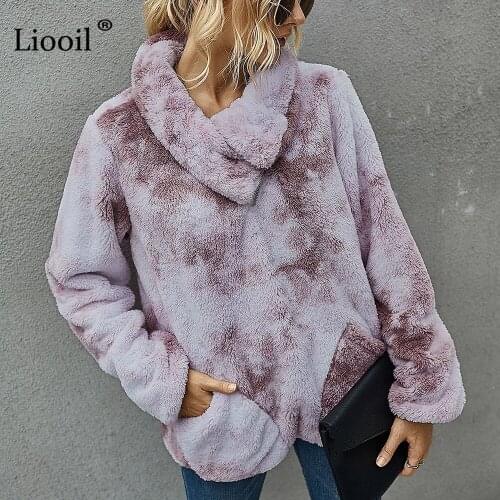 Liooil Casual Loose Tie Dye Fleece Sweatshirt Women 2020 Turn-down Collar With Pockets Female Autumn Winter Warm Print Pullovers