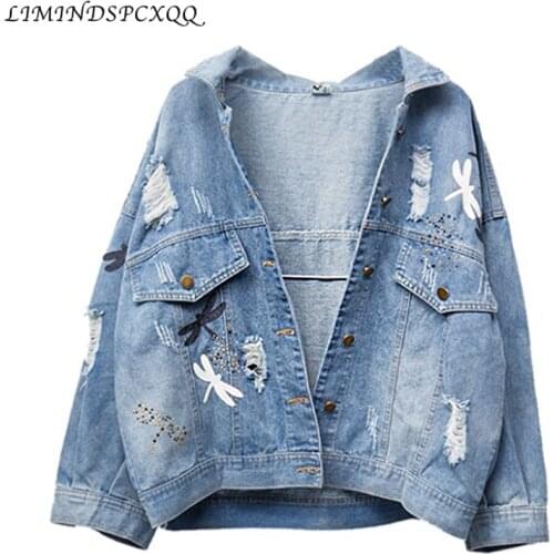 Plus Size Women Loose Cotton Denim Jacket Section Fashion Embroidery Pattern Lapel Blue AutumnDenim Coat For Woman Jeans Jacket