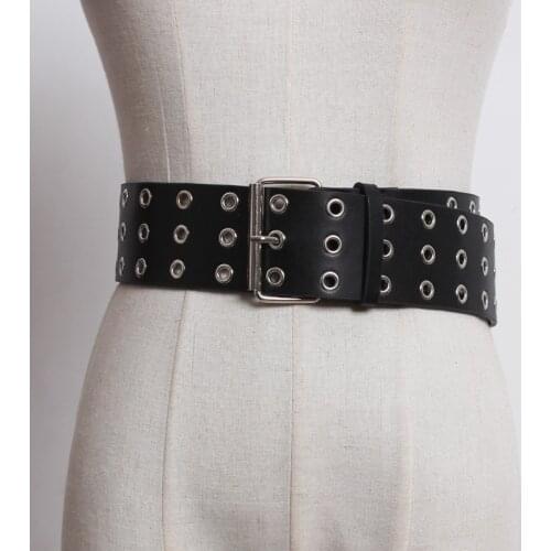 New Design Belts For Women Punk Silver Pin Buckle Belt Hollow Rivet Faux Leather Soft Black Waist Strap Jeans Dress Double Layer