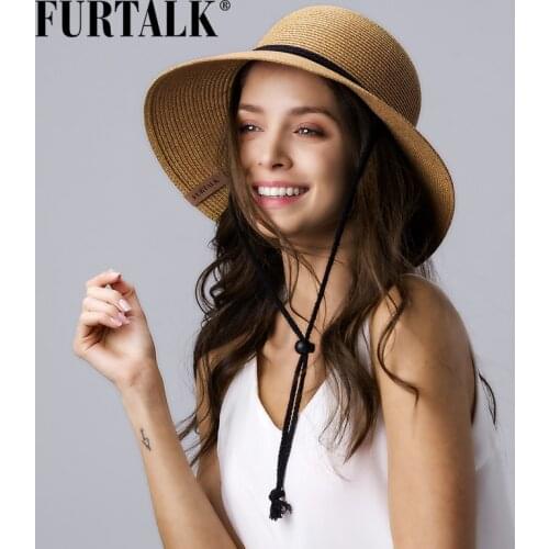 FURTALK Straw Summer Hat Women Sun Hat with Wind Lanyard Wide Brim UPF 50+ un Protection Beach Hat Foldable Female Summer Caps