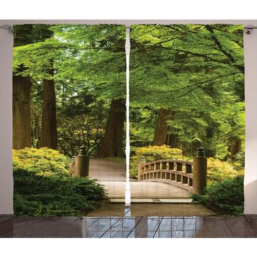 Japanese Curtains Wooden Bridge Over A Pond Garden Calmness Shadow Trees Serenity Nature Living Room Bedroom 2 Panel Set