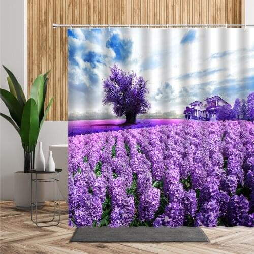 Purple Lavender Shower Curtain Romantic Flowers Farm Plant Garden Background Bathroom Partition Screen Waterproof Bath Curtains