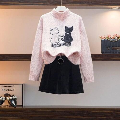Cartoon cat jacquard Sweater Suits 2020 New Loose Knitted Pullover Tops + Zipper Deco Elastic waist Velvet Shorts 2 Piece Sets