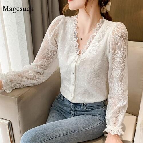 Fashion V-Neck Lace Shirts New Crochet Flower Elegant White Blouse Women 2021 Autumn Vintage Long Sleeve Button Top Blusas 11907