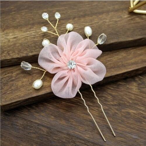 Handmade Pink Wedding Hair Flower With Hairpin Crystal Bride Headdress Pearl Headpiece For Women Headband Accessories