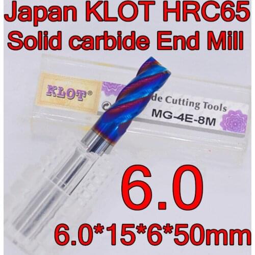 6.0*15*6*50mm 1pcs 6mm petiole 4F Japan KLOT HRC65 superhard Solid carbide End Mill CNC Tools Free shipping