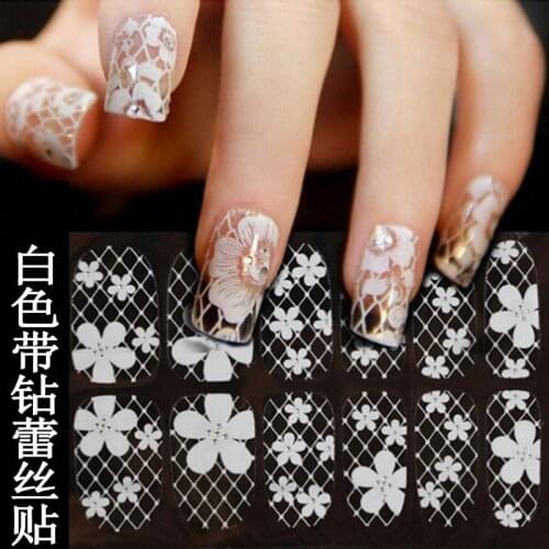 1 pc white lace nail sticker with diamond 3d nail sticker nail decoration Bridal Jewelry nail decals wraps free shipping