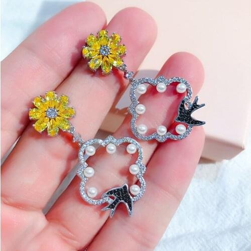 2021 Women Crystal flower earrings female animals swallow earring pearl earrings wedding party gift