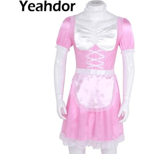3Pcs Mens Lace Maid Uniform Fancy Dress Costume Outfit Short Sleeve Satin Dress + Choker + Headband Role Play Party Dress