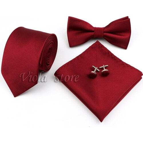 4 PCS Tie Set Solid Burgundy Navy 8cm Necktie Bowtie Handkerchief Cufflinks Polyester Mens Suit Wedding Party Cravat Accessory
