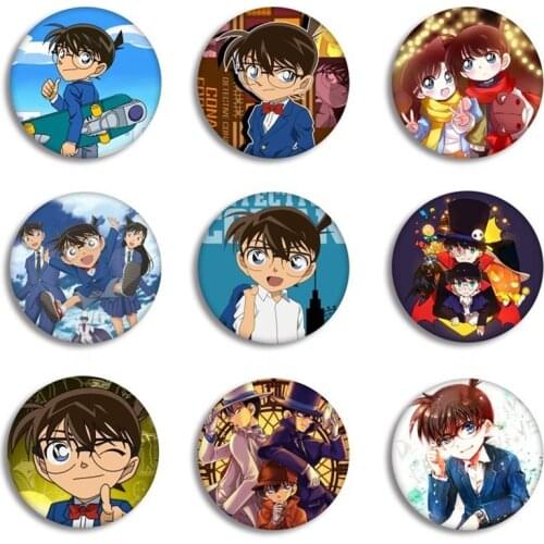 Japan Anime Detective Conan Tinplate Badge Brooch Ornaments Edogawa Conan Huihara Ai Label Pins Cartoon Animation Jewelry Gifts