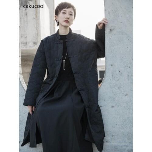 Cakucool 2019 Dark Chinese retro style buckle in the long section of ladies Tang suit over the knee coat cotton coat