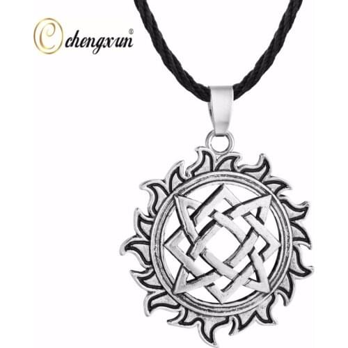 CHENGXUN Teen Boys Retro Style Necklace Slavic Jewelry Svarog Square Pendant Slavic Talisman Pagan Necklace with Rope Chain