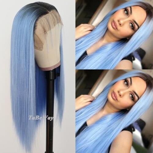 TaBeWay Long Straight Lace Front Wigs Blue Color Wig Heat Resistant Fiber Hair Synthetic Lace Front Wigs for Fashion Women