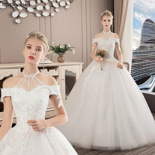 Elegant Crystal Halter Lace Appliques Ball Gown Wedding Dresses Off The Shoulder Tulle Backless Bridal Gowns