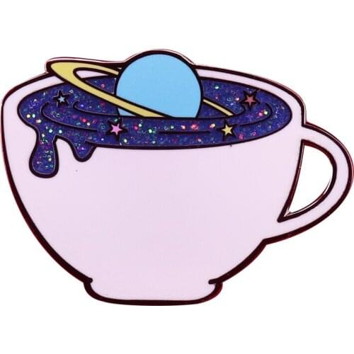 Cute Planet enamel pin White Coffee Cup Brooch Denim Backpack Hat Badge Funny Kids Gift