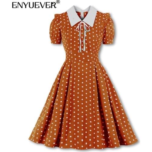 Enyuever Polka Dot Casual Dress Women Clothing Short Sleeve Turn Down Collar Bow Tie Robe Pin Up Swing Retro Party Vintage Dress