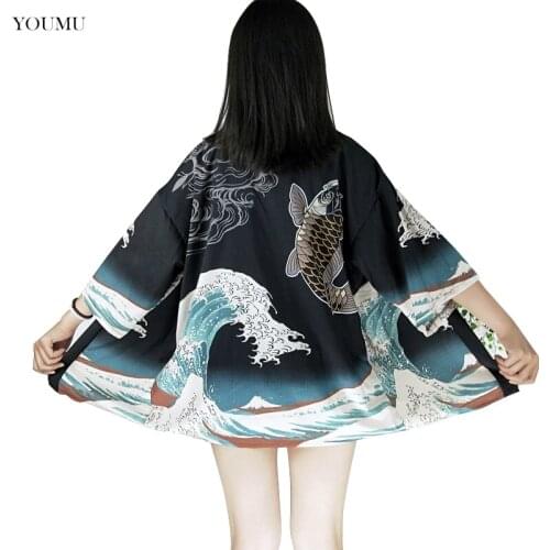 Men Women Unisex Kimono Cardigan Japanese Yukata Jacket Ukiyoe Coat Chinese Carp Wave Summer Beach Shirt Streetwear 916-694