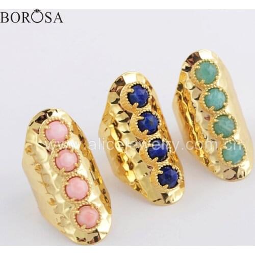 BOROSA 5PCS Round Gold Plated Agates Pink Shell Lapis Lazuli 7mm Stone Band Ring Mixed Colors 4 Stones Claw Rings Jewelry ZG0394