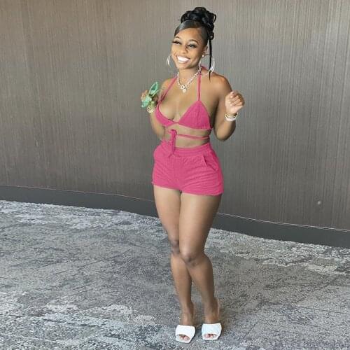 Summer Bodycon 2 Two Piece Bikini Set Summer Outfit for Women Halter Neck Backless Crop Top and Elastic Waist Beach Short Suits