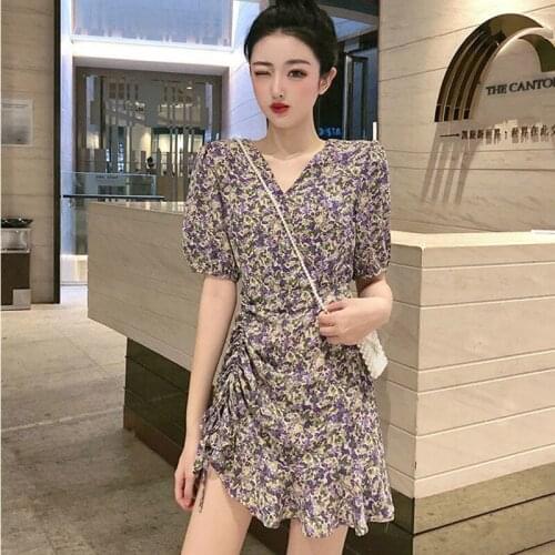 Summer Dresses French Sweet Sensuality Skirt Slim Collect Waist WLYWEND Retro Floral Short Sleeve Miniskirt
