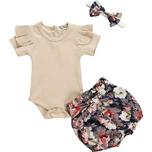Baby Girl Newborn Toddler Summer Clothing Suit Short Sleeve Romper+Floral Short Pants+Headband Set Kids Clothes Infant Outfits