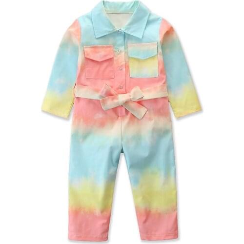 Toddler Baby Girl Romper1-6Y Rainbow Gradient Print Pocket Long Sleeve Jumpsuit With Belt 2pcs Autumn Overalls 2021 Fashion