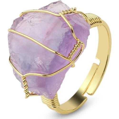 Wholesale 6pc/lot Natural Amethystss Gold Plated Winding Ring Female Korean Ornaments Personality Versatile Open Ring Free Size