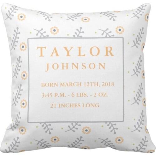 Custom Cute Floral Baby Boy Birth Stats Announcement Throw Pillow Cover Decorative Cushion Covers for Sofa Square Pillow Case