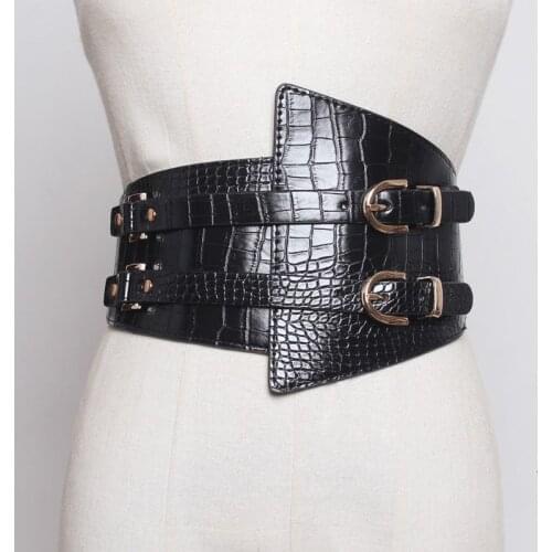 SeeBeautiful New Fashion 2020 Autumn Double Metal Pin Backle Elastic Cloth PU Leather Girdle Width Belts Waist Seal Women N933