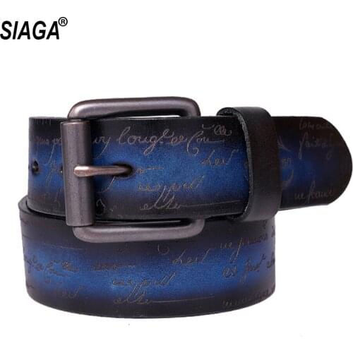 Unisex Personalized Laser Lettering Western Cowboy Accessories Blue Cowhide Leather Belts for Women & Men 3.8cm Wide SA026
