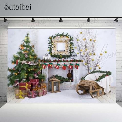 Christmas Photography Backdrop Fireplace Pine Tree Ball New Year Baby Shower Photo Background Photocall for Photo Studio Decor