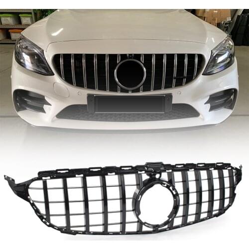 W/ Camera Car Front Grille GTR Style Upper Grill For Mercedes Benz C-Class W205 C200 C250 C300 C350 2019 2020 Gloss Black