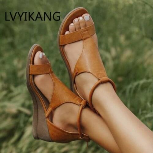 Women Summer Sandals Mid Heels Wedges Shoes Woman Vintage PU Leather Zipper Light Sandal Ladies Open Toe Fashion Casual Shoe