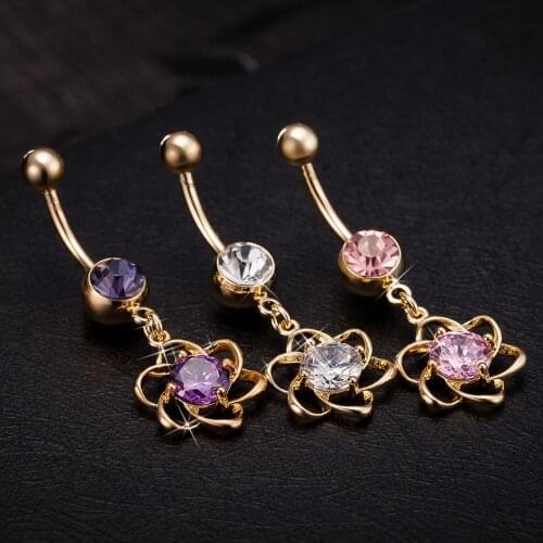 3 color lotus shape Belly Button Rings stainless steel Navel Piercing Ombligo Women White AAA Zircon Belly Piercing Nombril