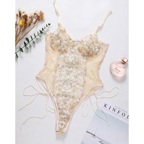 Women Sexy Lace Mesh Floral Embroidery Teddy Lingerie Perspective Bodysuit Underwear Erotic Honeymoon Wedding Nightwear