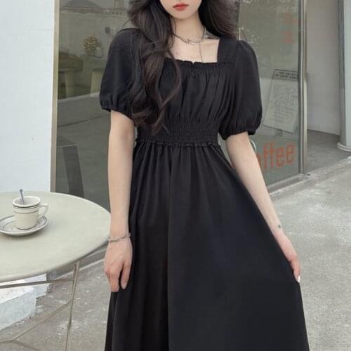 2021 Black Vintage Midi Dress Summer Elegant Women Dresses Puff Sleeve Plus Size Loose Casual Sundress Robe Femme