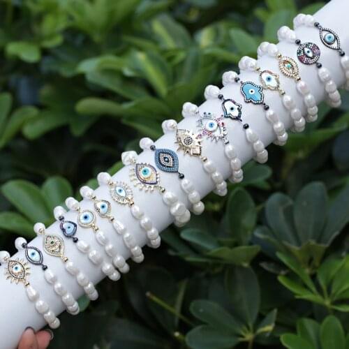 5 PCS/Lot Natural Freshwater Pearl Bangle HandEye Various Charm Cubic Zirconium Connector Stretch Bracelet Women Elegant Jewelry