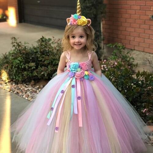 Ball Gown with Flower Waist and Hairbow Children Party Costume DressesGirls Pastel Unicorn Tutu Dress Kids Crochet Tulle Dress