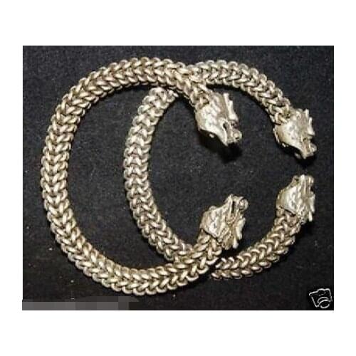 Free Shipping >> new hot Rare a pair Vintage Asian Miao silver dragon cuff Bangle bracelet