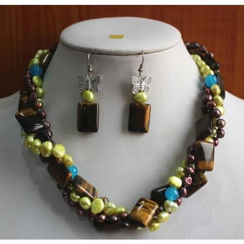 Free Shipping Wholesale 3 rows mixed colors fresh water shell pear/tiger eye necklace+tiger eye earring and necklace pendant je