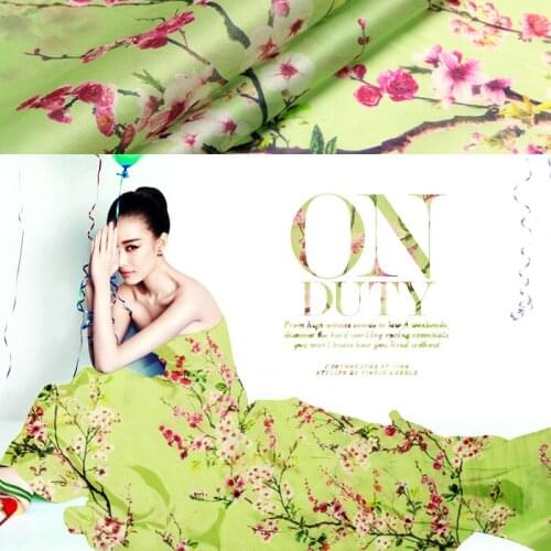 PRINT SILK ORGANZA SATIN FABRIC 135cm width 14momme 100% Silk Fabric Floral Painting Light Green Color