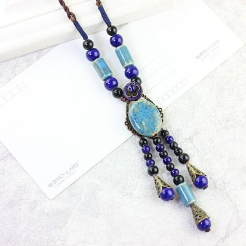 Vintage Ethnic Style Long Sweater Chain Fashion Girl Women Ceramic Beads Pendant Necklace Jewelry Accessories