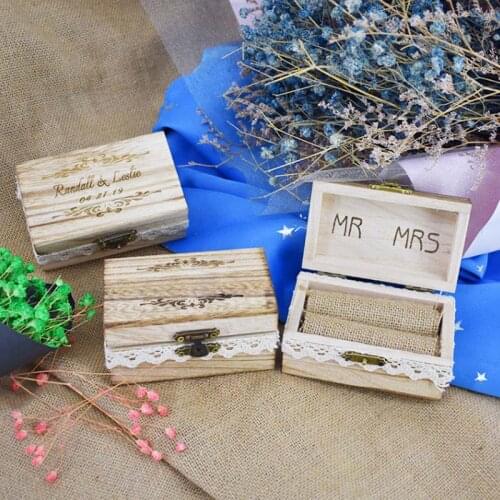 Hot sale fashion Wooden L9.8cm Personalized Gift Rustic Wedding Ring Bearer Box Wood Wedding Ring Box Custom Your Names and Date