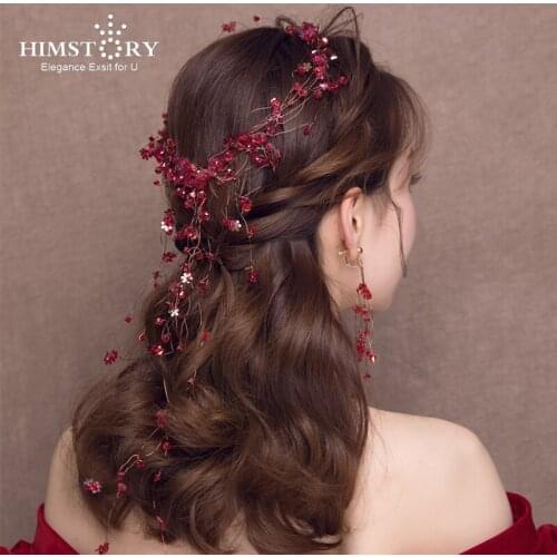 HIMSTORY Fashion Red Flower Crystal Vine Tiara Bride Head Chain Bridal Headbands Hair Ornaments Wedding Hair Accessories